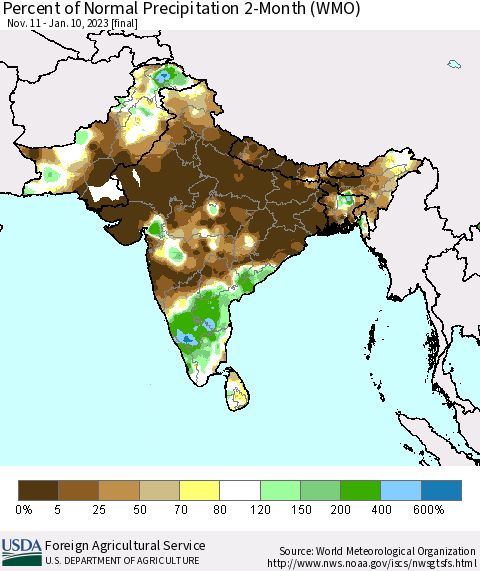 Southern Asia Percent of Normal Precipitation 2-Month (WMO) Thematic Map For 11/11/2022 - 1/10/2023