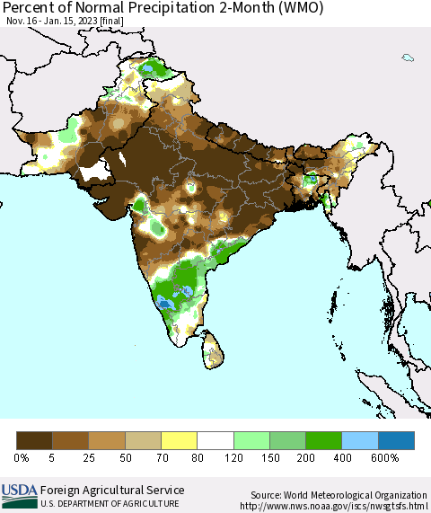 Southern Asia Percent of Normal Precipitation 2-Month (WMO) Thematic Map For 11/16/2022 - 1/15/2023