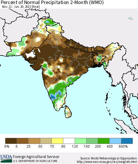 Southern Asia Percent of Normal Precipitation 2-Month (WMO) Thematic Map For 11/21/2022 - 1/20/2023