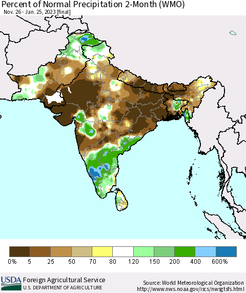 Southern Asia Percent of Normal Precipitation 2-Month (WMO) Thematic Map For 11/26/2022 - 1/25/2023