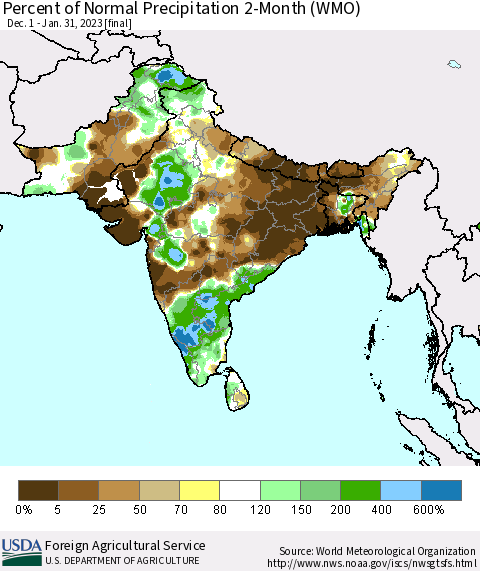 Southern Asia Percent of Normal Precipitation 2-Month (WMO) Thematic Map For 12/1/2022 - 1/31/2023