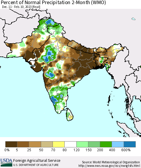 Southern Asia Percent of Normal Precipitation 2-Month (WMO) Thematic Map For 12/11/2022 - 2/10/2023