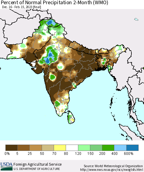 Southern Asia Percent of Normal Precipitation 2-Month (WMO) Thematic Map For 12/16/2022 - 2/15/2023