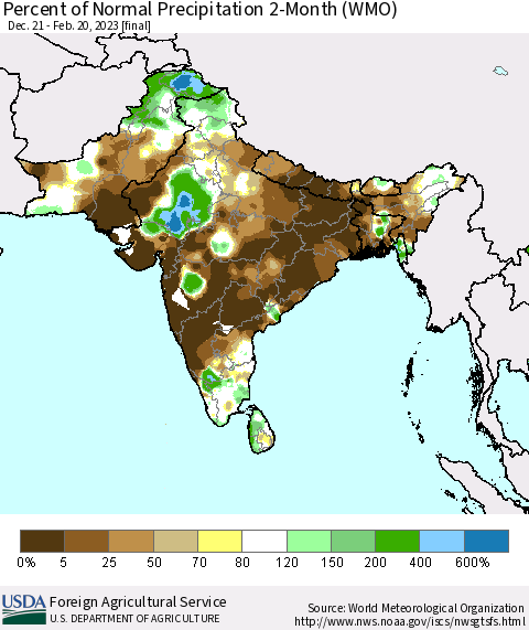 Southern Asia Percent of Normal Precipitation 2-Month (WMO) Thematic Map For 12/21/2022 - 2/20/2023