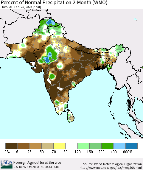 Southern Asia Percent of Normal Precipitation 2-Month (WMO) Thematic Map For 12/26/2022 - 2/25/2023
