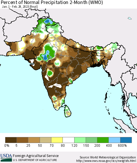 Southern Asia Percent of Normal Precipitation 2-Month (WMO) Thematic Map For 1/1/2023 - 2/28/2023