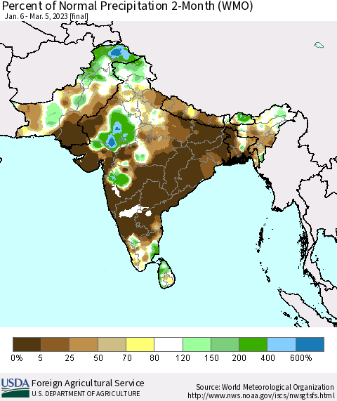Southern Asia Percent of Normal Precipitation 2-Month (WMO) Thematic Map For 1/6/2023 - 3/5/2023