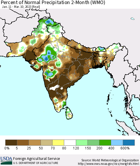Southern Asia Percent of Normal Precipitation 2-Month (WMO) Thematic Map For 1/11/2023 - 3/10/2023
