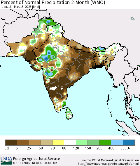 Southern Asia Percent of Normal Precipitation 2-Month (WMO) Thematic Map For 1/16/2023 - 3/15/2023