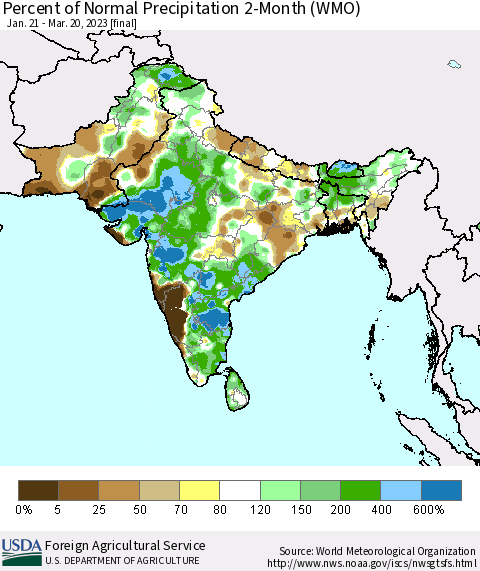 Southern Asia Percent of Normal Precipitation 2-Month (WMO) Thematic Map For 1/21/2023 - 3/20/2023