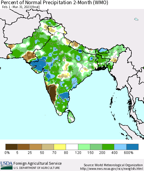 Southern Asia Percent of Normal Precipitation 2-Month (WMO) Thematic Map For 2/1/2023 - 3/31/2023