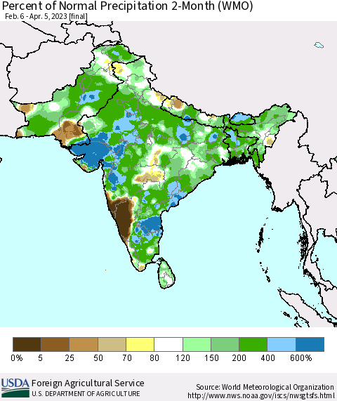 Southern Asia Percent of Normal Precipitation 2-Month (WMO) Thematic Map For 2/6/2023 - 4/5/2023