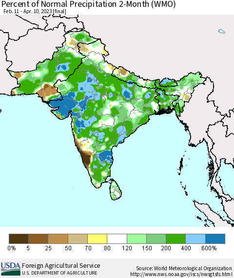 Southern Asia Percent of Normal Precipitation 2-Month (WMO) Thematic Map For 2/11/2023 - 4/10/2023