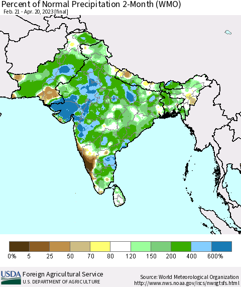 Southern Asia Percent of Normal Precipitation 2-Month (WMO) Thematic Map For 2/21/2023 - 4/20/2023