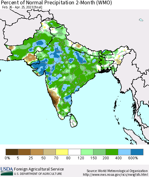 Southern Asia Percent of Normal Precipitation 2-Month (WMO) Thematic Map For 2/26/2023 - 4/25/2023