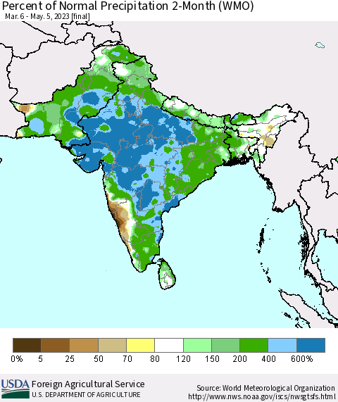 Southern Asia Percent of Normal Precipitation 2-Month (WMO) Thematic Map For 3/6/2023 - 5/5/2023