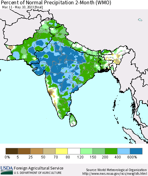 Southern Asia Percent of Normal Precipitation 2-Month (WMO) Thematic Map For 3/11/2023 - 5/10/2023