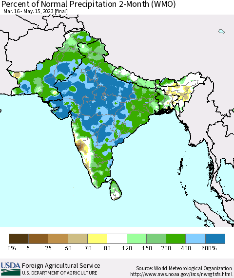 Southern Asia Percent of Normal Precipitation 2-Month (WMO) Thematic Map For 3/16/2023 - 5/15/2023