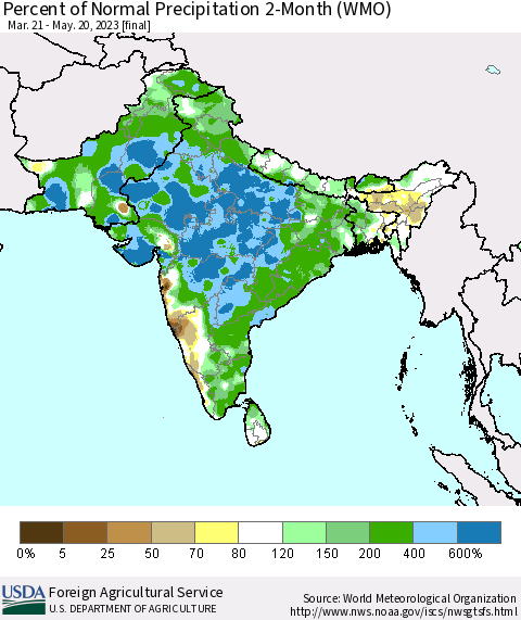 Southern Asia Percent of Normal Precipitation 2-Month (WMO) Thematic Map For 3/21/2023 - 5/20/2023