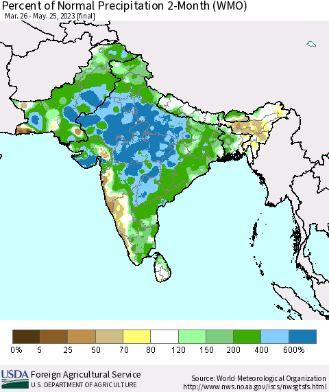 Southern Asia Percent of Normal Precipitation 2-Month (WMO) Thematic Map For 3/26/2023 - 5/25/2023