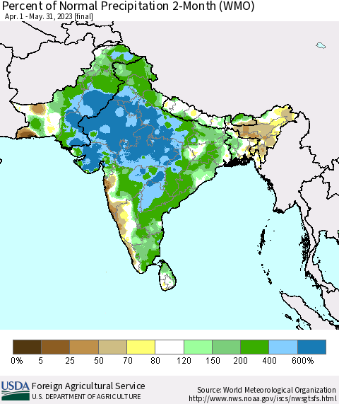 Southern Asia Percent of Normal Precipitation 2-Month (WMO) Thematic Map For 4/1/2023 - 5/31/2023