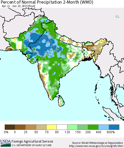 Southern Asia Percent of Normal Precipitation 2-Month (WMO) Thematic Map For 4/11/2023 - 6/10/2023