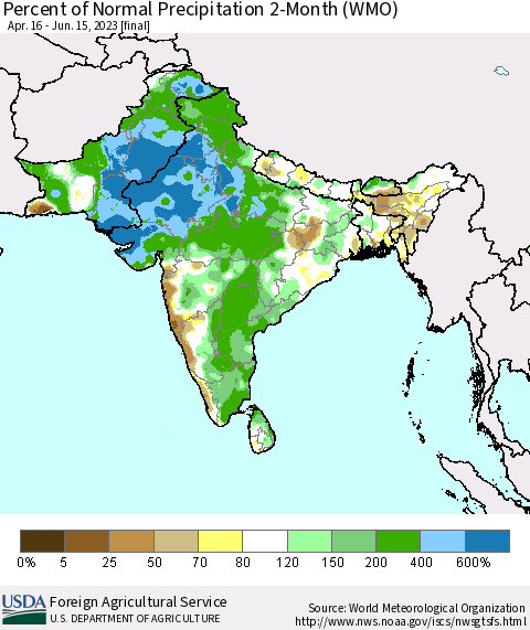 Southern Asia Percent of Normal Precipitation 2-Month (WMO) Thematic Map For 4/16/2023 - 6/15/2023