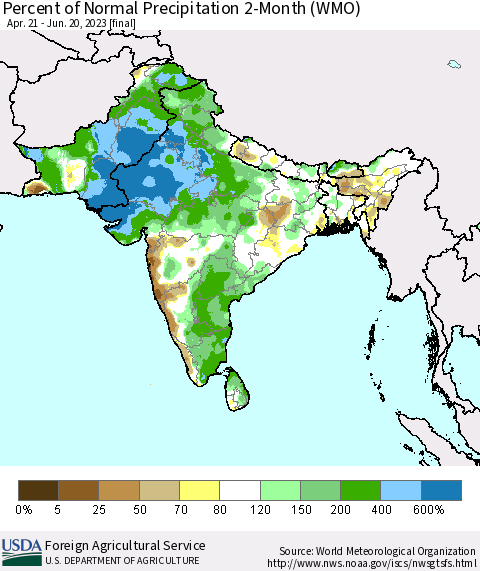 Southern Asia Percent of Normal Precipitation 2-Month (WMO) Thematic Map For 4/21/2023 - 6/20/2023