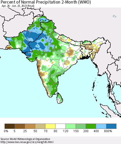 Southern Asia Percent of Normal Precipitation 2-Month (WMO) Thematic Map For 4/26/2023 - 6/25/2023