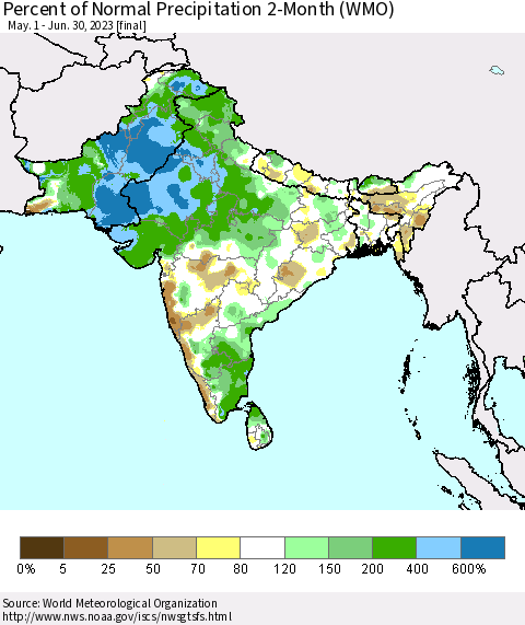 Southern Asia Percent of Normal Precipitation 2-Month (WMO) Thematic Map For 5/1/2023 - 6/30/2023