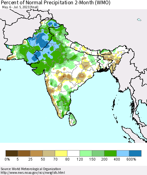 Southern Asia Percent of Normal Precipitation 2-Month (WMO) Thematic Map For 5/6/2023 - 7/5/2023