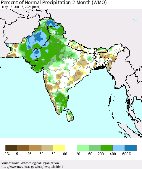 Southern Asia Percent of Normal Precipitation 2-Month (WMO) Thematic Map For 5/16/2023 - 7/15/2023