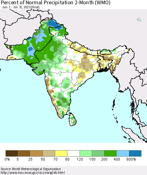 Southern Asia Percent of Normal Precipitation 2-Month (WMO) Thematic Map For 6/1/2023 - 7/31/2023