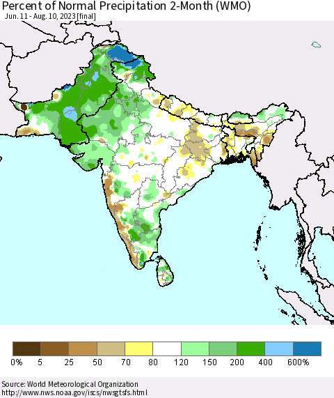 Southern Asia Percent of Normal Precipitation 2-Month (WMO) Thematic Map For 6/11/2023 - 8/10/2023