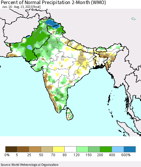 Southern Asia Percent of Normal Precipitation 2-Month (WMO) Thematic Map For 6/16/2023 - 8/15/2023