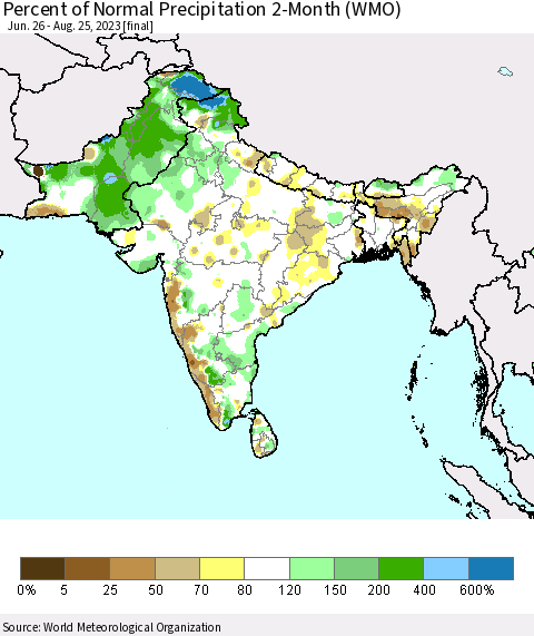 Southern Asia Percent of Normal Precipitation 2-Month (WMO) Thematic Map For 6/26/2023 - 8/25/2023