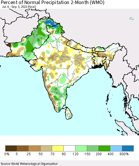 Southern Asia Percent of Normal Precipitation 2-Month (WMO) Thematic Map For 7/6/2023 - 9/5/2023