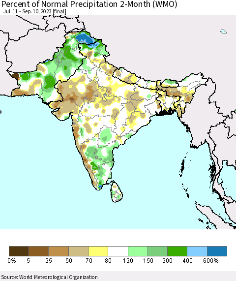 Southern Asia Percent of Normal Precipitation 2-Month (WMO) Thematic Map For 7/11/2023 - 9/10/2023