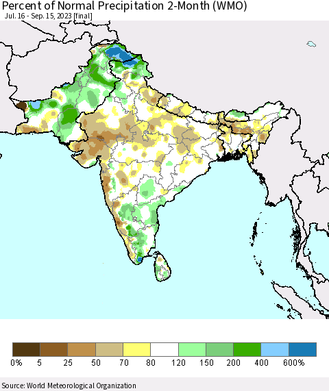 Southern Asia Percent of Normal Precipitation 2-Month (WMO) Thematic Map For 7/16/2023 - 9/15/2023