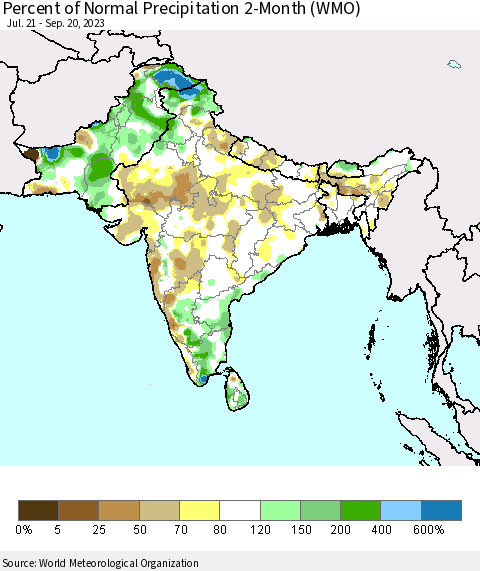 Southern Asia Percent of Normal Precipitation 2-Month (WMO) Thematic Map For 7/21/2023 - 9/20/2023