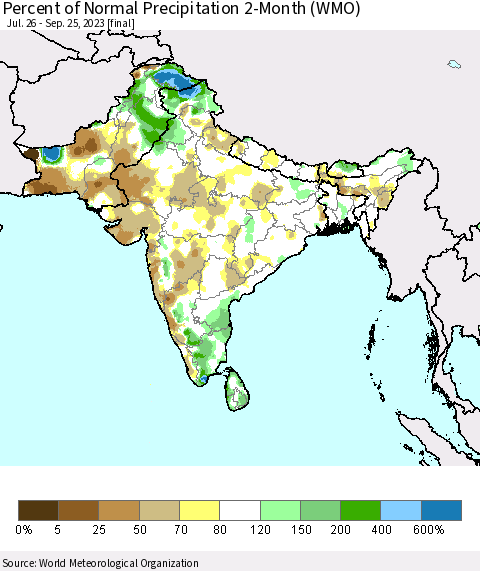 Southern Asia Percent of Normal Precipitation 2-Month (WMO) Thematic Map For 7/26/2023 - 9/25/2023