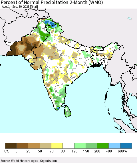 Southern Asia Percent of Normal Precipitation 2-Month (WMO) Thematic Map For 8/1/2023 - 9/30/2023