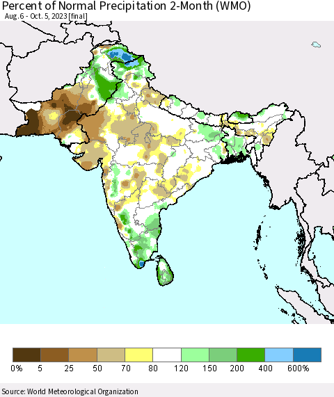 Southern Asia Percent of Normal Precipitation 2-Month (WMO) Thematic Map For 8/6/2023 - 10/5/2023