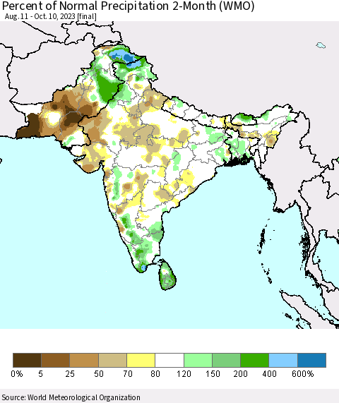 Southern Asia Percent of Normal Precipitation 2-Month (WMO) Thematic Map For 8/11/2023 - 10/10/2023