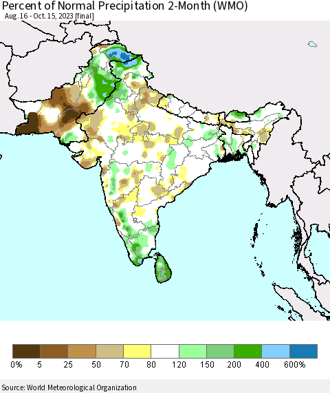 Southern Asia Percent of Normal Precipitation 2-Month (WMO) Thematic Map For 8/16/2023 - 10/15/2023