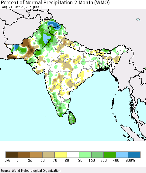 Southern Asia Percent of Normal Precipitation 2-Month (WMO) Thematic Map For 8/21/2023 - 10/20/2023