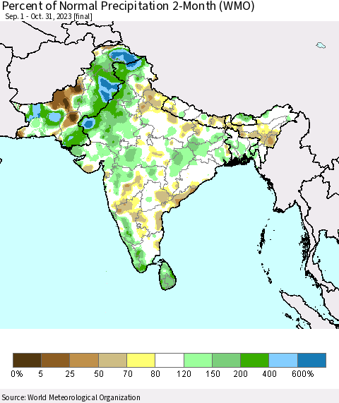 Southern Asia Percent of Normal Precipitation 2-Month (WMO) Thematic Map For 9/1/2023 - 10/31/2023