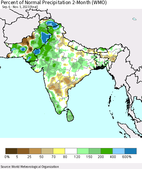 Southern Asia Percent of Normal Precipitation 2-Month (WMO) Thematic Map For 9/6/2023 - 11/5/2023