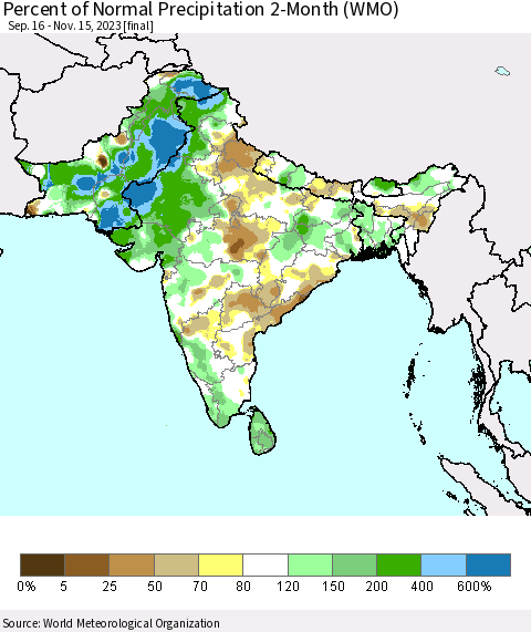 Southern Asia Percent of Normal Precipitation 2-Month (WMO) Thematic Map For 9/16/2023 - 11/15/2023