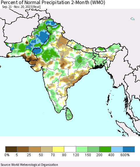 Southern Asia Percent of Normal Precipitation 2-Month (WMO) Thematic Map For 9/21/2023 - 11/20/2023